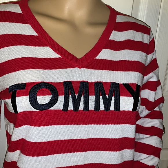 Tommy Hilfiger red white Striped v neck pullover sweater tunic S - Picture 5 of 14